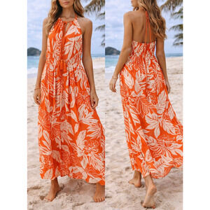 Shop One Tropical Maxi Dress Orange Rayon Halter Boho Resort Beach Women L